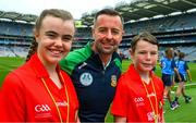 30 July 2023; Referee David Gough with INTO Cumann na mBunscol GAA Respect Exhibition Go Games referees, Emma Thorp, St Fiachra's SNS, Beamount, Dublin, and Billy Lappin, St Pius X BNS, Terenure, Dublin, ahead of the INTO Cumann na mBunscol GAA Respect Exhibition Go Games at the GAA Football All-Ireland Senior Championship final match between Dublin and Kerry at Croke Park in Dublin.  Photo by Ray McManus/Sportsfile