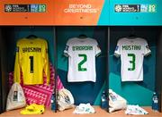 31 July 2023; The jersey of Courtney Brosnan, Claire O'Riordan and Chloe Mustaki hang in the Republic of Ireland dressing room before the FIFA Women's World Cup 2023 Group B match between Republic of Ireland and Nigeria at Brisbane Stadium in Brisbane, Australia. Photo by Stephen McCarthy/Sportsfile