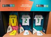 31 July 2023; The jersey's of Courtney Brosnan, Claire O'Riordan and Chloe Mustaki hang in the Republic of Ireland dressing room before the FIFA Women's World Cup 2023 Group B match between Republic of Ireland and Nigeria at Brisbane Stadium in Brisbane, Australia. Photo by Stephen McCarthy/Sportsfile