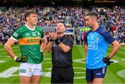 30 July 2023; Referee David Gough tosses a coin between the Kerry and Dublin captains, David Clifford and James McCarthy, ahead of the GAA Football All-Ireland Senior Championship final match between Dublin and Kerry at Croke Park in Dublin. Photo by Ray McManus/Sportsfile