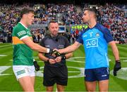 30 July 2023; Referee David Gough with the Kerry and Dublin captains, David Clifford and James McCarthy, ahead of the GAA Football All-Ireland Senior Championship final match between Dublin and Kerry at Croke Park in Dublin. Photo by Ray McManus/Sportsfile
