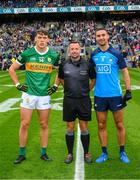 30 July 2023; Referee David Gough with the Kerry and Dublin captains, David Clifford and James McCarthy, ahead of the GAA Football All-Ireland Senior Championship final match between Dublin and Kerry at Croke Park in Dublin. Photo by Ray McManus/Sportsfile