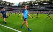 30 July 2023; Dublin captain James McCarthy and Dublin goalkeeper Stephen Cluxton during the pre match parade before the GAA Football All-Ireland Senior Championship final match between Dublin and Kerry at Croke Park in Dublin. Photo by Ray McManus/Sportsfile