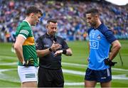 30 July 2023; Referee David Gough peforms the coin toss with team captains David Clifford of Kerry and James McCarthy of Dublin before the GAA Football All-Ireland Senior Championship final match between Dublin and Kerry at Croke Park in Dublin. Photo by Piaras Ó Mídheach/Sportsfile