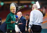 31 July 2023; Republic of Ireland manager Vera Pauw is interviewed by RTÉ's Tony O'Donoghue before the FIFA Women's World Cup 2023 Group B match between Republic of Ireland and Nigeria at Brisbane Stadium in Brisbane, Australia. Photo by Mick O'Shea/Sportsfile