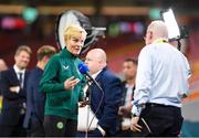 31 July 2023; Republic of Ireland manager Vera Pauw is interviewed by RTÉ's Tony O'Donoghue before the FIFA Women's World Cup 2023 Group B match between Republic of Ireland and Nigeria at Brisbane Stadium in Brisbane, Australia. Photo by Mick O'Shea/Sportsfile