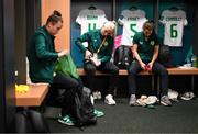 31 July 2023; Republic of Ireland players, from left, Claire O'Riordan, Louise Quinn and Niamh Fahey before the FIFA Women's World Cup 2023 Group B match between Republic of Ireland and Nigeria at Brisbane Stadium in Brisbane, Australia. Photo by Stephen McCarthy/Sportsfile