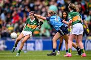 30 July 2023; Lauren Morley, Carnmore NS, Oranmore, Galway, representing Kerry, and Freya Coogan, Moneenroe NS, Castlecomer, Kilkenny, representing Dublin, during the INTO Cumann na mBunscol GAA Respect Exhibition Go Games at the GAA Football All-Ireland Senior Championship final match between Dublin and Kerry at Croke Park in Dublin. Photo by Ramsey Cardy/Sportsfile