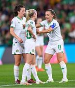31 July 2023; Katie McCabe of Republic of Ireland with teammate Denise O'Sullivan, centre, and Niamh Fahey during the FIFA Women's World Cup 2023 Group B match between Republic of Ireland and Nigeria at Brisbane Stadium in Brisbane, Australia. Photo by Stephen McCarthy/Sportsfile
