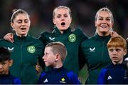 31 July 2023; Republic of Ireland players, from left, Sinead Farrelly, Heather Payne and Lily Agg before the FIFA Women's World Cup 2023 Group B match between Republic of Ireland and Nigeria at Brisbane Stadium in Brisbane, Australia. Photo by Stephen McCarthy/Sportsfile