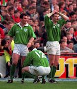 21 March 1998; Ireland players, from left, Eric Elwood, Kevin Maggs and David Corkery await the conversion of the final Wales try during the Five Nations Rugby Championship match between Ireland and Wales at Lansdowne Road in Dublin, Ireland. Photo by Brendan Moran/Sportsfile