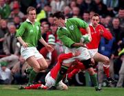 21 March 1998; Ciaran Clarke of Ireland is tackled by Neil Jenkins of Wales during the Five Nations Rugby Championship match between Ireland and Wales at Lansdowne Road in Dublin, Ireland. Photo by Brendan Moran/Sportsfile