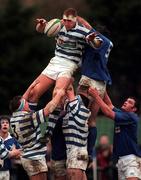 13 December 1997; Keith Walker of Dungannon wins a lineout ahead of Frank Fitzgerald of St Mary's College during the All-Ireland League Division 1 match between St Mary's College RFC and Dungannon RFC at Templeville Road in Dublin. Photo by Matt Browne/Sportsfile