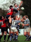14 February 1998; Hubie Kos of Blackrock College and Keith Walker of Dungannon contest a lineout during the All-Ireland League Division 1 match between Blackrock College RFC and Dungannon RFC at Stradbrook Road in Dublin. Photo by Matt Browne/Sportsfile
