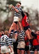 14 February 1998; Keith Walker of Dungannon wins a lineout from Hubie Kos of Blackrock College during the All-Ireland League Division 1 match between Blackrock College RFC and Dungannon RFC at Stradbrook Road in Dublin. Photo by Matt Browne/Sportsfile