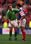 7 March 1998; Kevin Maggs of Ireland shakes hands with Jean-Luc Sadourny of France after the Five Nations Rugby Championship match between France and Ireland at the Stade De France in Paris, France. Photo by Brendan Moran/Sportsfile