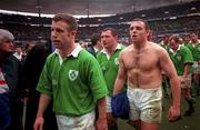 7 March 1998; Ireland players, from left, Kevin Maggs, Nick Popplewell, Rob Henderson and Conor McGuinness leave the pitch after the Five Nations Rugby Championship match between France and Ireland at the Stade De France in Paris, France. Photo by Brendan Moran/Sportsfile