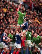 7 March 1998; Malcolm O'Kelly of Ireland wins a lineout from Olivier Brouzet of France during the Five Nations Rugby Championship match between France and Ireland at the Stade De France in Paris, France. Photo by Brendan Moran/Sportsfile