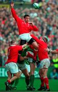 21 March 1998; Michael Voyle of Ireland wins a lineout during the Five Nations Rugby Championship match between Ireland and Wales at Lansdowne Road in Dublin, Ireland. Photo by Brendan Moran/Sportsfile