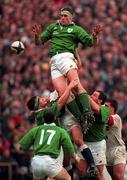 15 February 1997; Paddy Johns of Ireland wins a lineout during the Five Nations Rugby Championship match between Ireland and England at Lansdowne Road in Dublin. Photo by Brendan Moran/Sportsfile