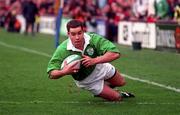 21 March 1998; Andy Ward of Ireland scores his side's first try during the Five Nations Rugby Championship match between Ireland and Wales at Lansdowne Road in Dublin, Ireland. Photo by Brendan Moran/Sportsfile