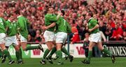 21 March 1998; Andy Ward of Ireland, 2nd from right, celebrates with team-mate David Corkery after scoring their side's first try during the Five Nations Rugby Championship match between Ireland and Wales at Lansdowne Road in Dublin, Ireland. Photo by David Maher/Sportsfile