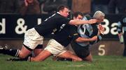 31 January 1998; Billy O'Shea of Shannon goes over to score his side's last minute try despite the tackles of James Topping, left, and Derek McAleese of Ballymena during the All-Ireland League Division 1 match between Shannon RFC and Ballymena RFC at Thomond Park in Limerick. Photo by Matt Browne/Sportsfile