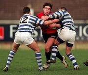 14 February 1998; Brian Carey of Blackrock College is tackled by Alistair Clarke, left, and Ashley Blair of Dungannon during the All-Ireland League Division 1 match between Blackrock College RFC and Dungannon RFC at Stradbrook Road in Dublin. Photo by Matt Browne/Sportsfile