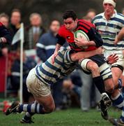 14 February 1998; David Johnson of Blackrock College is tackled by Gary Leslie of Dungannon during the All-Ireland League Division 1 match between Blackrock College RFC and Dungannon RFC at Stradbrook Road in Dublin. Photo by Matt Browne/Sportsfile