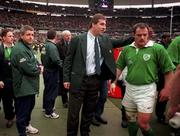 7 March 1998; Ireland head coach Warren Gatland, 2nd from left, alongside David Humphreys, left, selector Donal Lenihan and Ross Nesdale after the Five Nations Rugby Championship match between France and Ireland at the Stade De France in Paris, France. Photo by Brendan Moran/Sportsfile