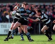 28 February 1998; Eddie Halvey of Shannon is tackled by Billy Treacy of Old Belvedere during the All-Ireland League Division 1 match between Old Belvedere RFC and Shannon RFC at Anglesea Road in Dublin. Photo by David Maher/Sportsfile