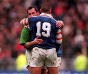 7 March 1998; Eric Elwood of Ireland and Philippe Benetton of France after the Five Nations Rugby Championship match between France and Ireland at the Stade De France in Paris, France. Photo by Brendan Moran/Sportsfile