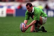 7 March 1998; Eric Elrood of Ireland prepares to kick a convertion during the Five Nations Rugby Championship match between France and Ireland at the Stade De France in Paris, France. Photo by Brendan Moran/Sportsfile