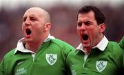 21 March 1998; Keith Wood, left, and Eric Elwood of Ireland sing 'Ireland's Call' prior to the Five Nations Rugby Championship match between Ireland and Wales at Lansdowne Road in Dublin, Ireland. Photo by David Maher/Sportsfile