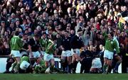 7 February 1998; Ireland players brian O'Meara and David Humphreys, right, celebrate a penalty try awarded to Eric Miller by referee Andre Watson during the Five Nations Rugby Championship match between Ireland and Scotland at Lansdowne Road in Dublin, Ireland. Photo by David Maher/Sportsfile