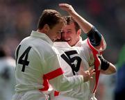 4 April 1998; Matt Perry of England is congratulated by team-mates Mike Catt, left, and Austin Healey, right, after scoring a try during the Five Nations Rugby Championship match between England and Ireland at Twickenham Stadium in London, England. Photo by Matt Browne/Sportsfile
