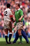 4 April 1998; Denis Hickie of Ireland, right, and Jeremy Guscott of England after the Five Nations Rugby Championship match between England and Ireland at Twickenham Stadium in London, England. Photo by Brendan Moran/Sportsfile