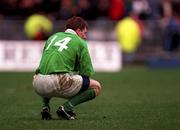 7 March 1998; Richard Wallace of Ireland reacts at the final whistle of the Five Nations Rugby Championship match between France and Ireland at the Stade De France in Paris, France. Photo by Brendan Moran/Sportsfile