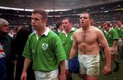 7 March 1998; Ireland players, from left, Kevin Maggs, Nick Popplewell, Rob Henderson and Conor McGuinness leave the pitch after the Five Nations Rugby Championship match between France and Ireland at the Stade De France in Paris, France. Photo by Brendan Moran/Sportsfile