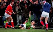 2 March 1996; Simon Geoghegan of Ireland celebrates after scoring his side's first try during the Five Nations Rugby Championship match between Ireland and Wales at Lansdowne Road in Dublin, Ireland. Photo by Brendan Moran/Sportsfile