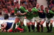 7 March 1998; Victor Costello of Ireland, supported by team-mates Nick Popplewell and Mick Galwey, right, makes a break during the Five Nations Rugby Championship match between France and Ireland at the Stade De France in Paris, France. Photo by Brendan Moran/Sportsfile