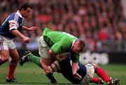 7 March 1998; Victor Costello of Ireland is tackled by Christophe Lamaison, left, and Thomas Lievremont of France during the Five Nations Rugby Championship match between France and Ireland at the Stade De France in Paris, France. Photo by Brendan Moran/Sportsfile