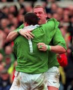 21 March 1998; Victor Costello of Ireland, right, celebrates with team-mate Reggie Corrigan after scoring their side's second try during the Five Nations Rugby Championship match between Ireland and Wales at Lansdowne Road in Dublin, Ireland. Photo by David Maher/Sportsfile