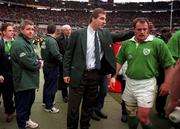 7 March 1998; Ireland head coach Warren Gatland, 2nd from left, alongside David Humphreys, left, selector Donal Lenihan and Ross Nesdale after the Five Nations Rugby Championship match between France and Ireland at the Stade De France in Paris, France. Photo by Brendan Moran/Sportsfile