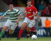 2 July 2004; Alan Moore, Shelbourne, in action against Keith O'Halloran, Shamrock Rovers. eircom league, Premier Division, Shelbourne v Shamrock Rovers, Tolka Park, Dublin. Picture credit; David Maher / SPORTSFILE