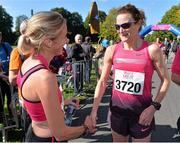 31 August 2013; Former Olympic silver medallist, Double World Cross Country Champion 1998 and World and European 5000m Champion Sonia O’Sullivan, right, and former London Marathon winner 1998 and Berlin Marathon winner 1997 Catherina McKiernan after competing in the Great Pink Run 2013. Phoenix Park, Dublin. Picture credit: Matt Browne / SPORTSFILE