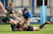 30 August 2013; Mark Sutton, Leinster, is tackled by Harry Mallinder and Joshua Skelcey, left, Northampton Saints. U19 Friendly, Leinster v Northampton Saints, Donnybrook Stadium, Dublin. Picture credit: Stephen McCarthy / SPORTSFILE