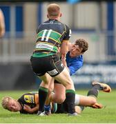 30 August 2013; Mark Sutton, Leinster, is tackled by Harry Mallinder and Joshua Skelcey, 11, Northampton Saints. U19 Friendly, Leinster v Northampton Saints, Donnybrook Stadium, Dublin. Picture credit: Stephen McCarthy / SPORTSFILE