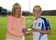 31 August 2013; Helen O'Rourke, Chief Executive Ladies Football Association presents Gráinne McNally, Monaghan, with her player of the match trophy. TG4 All-Ireland Ladies Football Intermediate Championship, Semi-Final, Galway v Monaghan, Kingspan Breffni Park, Cavan. Photo by Sportsfile