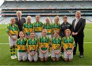 1 September 2013; The Kerry team of, back row, from left, Faye Curley, Eve Sinnott, Tara Berigan, Tiegan Frost and Eva Goggin, front row, from left, Clodagh Dillon, Angela McGuigan, Keeley Corbett Barry, Aoife O'Halloran and Eve Corrigan with Mairead Finnucane, Ard Stiúrthoir Paraic Duffy and Séan McMahon, Vice-President of the Irish National Teachers Organisation, before the INTO/RESPECT Exhibition GoGames at the GAA Football All-Ireland Senior Championship Semi-Final between Dublin and Kerry. Croke Park, Dublin. Picture credit: Ray McManus / SPORTSFILE